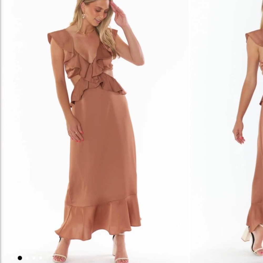 Show Me Your MuMu Tan Ruffle Midi Dress